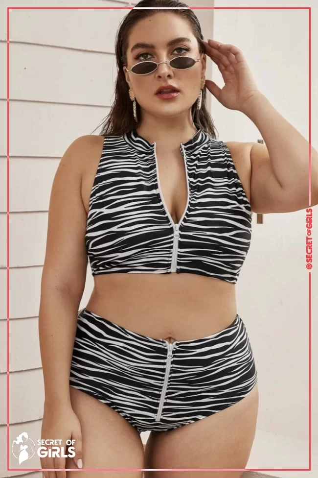 Plus Zebra Pattern Zipper Front Top With High Waist Bikini | 22 Cute Beach Outfit Ideas for Spring Break 2023