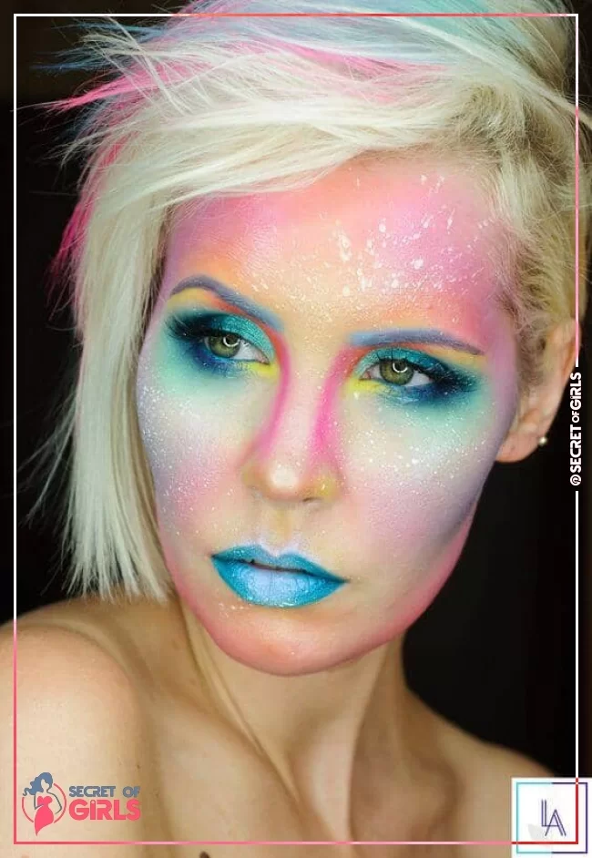 Watercolor Rainbow Face Paint With Blue Accents | 25 Ways to be the Queen of Unicorn Makeup