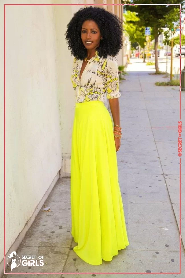 Yellow Long Skirt Outfit | 30 Yellow Skirt Outfits Ideas on How to Wear a Yellow Skirt