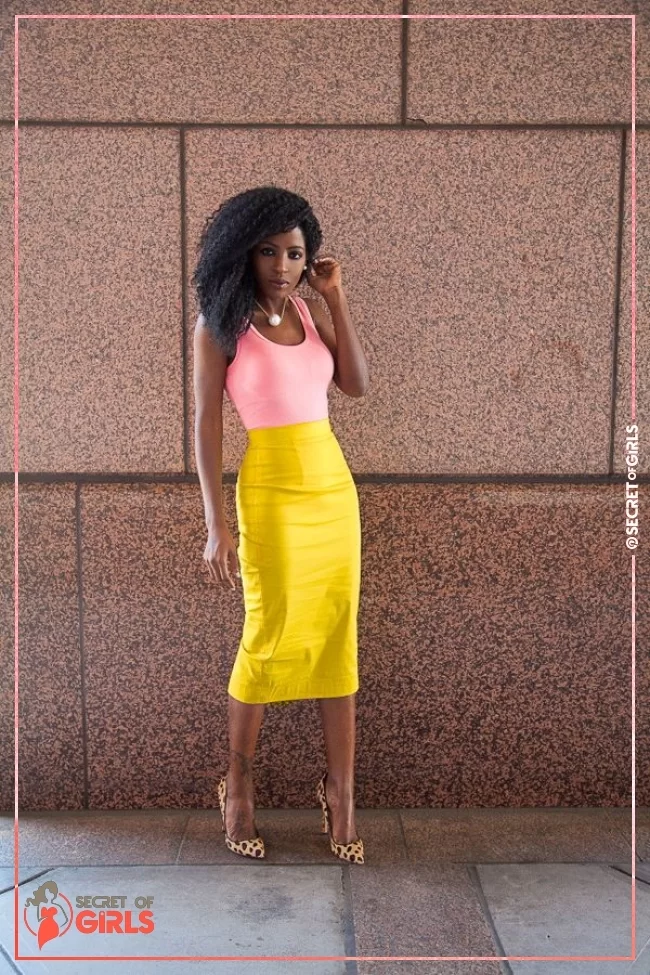 Pencil Skirt & Cute Pink Top | 30 Yellow Skirt Outfits Ideas on How to Wear a Yellow Skirt