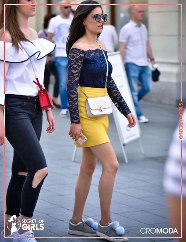 High Waisted Skirt & Lace Top | 30 Yellow Skirt Outfits Ideas on How to Wear a Yellow Skirt