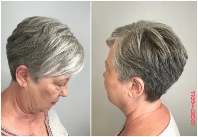 7. Salt-and-pepper short haircut with bangs | 11 Modern Hairstyles for Women Over 70