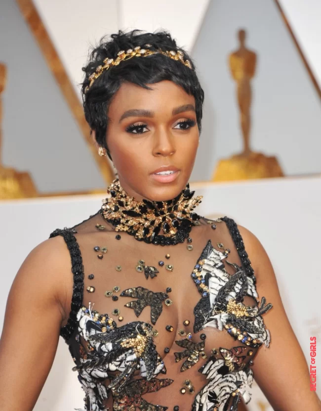 Janelle Monae and her pixie cut accessorized with a head jewel, at the Oscars 2017 | Oscars 2021: 30 Celebrity Hairstyles That Have Already Marked The Ceremony