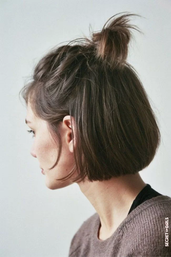Square tied in a half bun | 5 amazing ways to style your bob