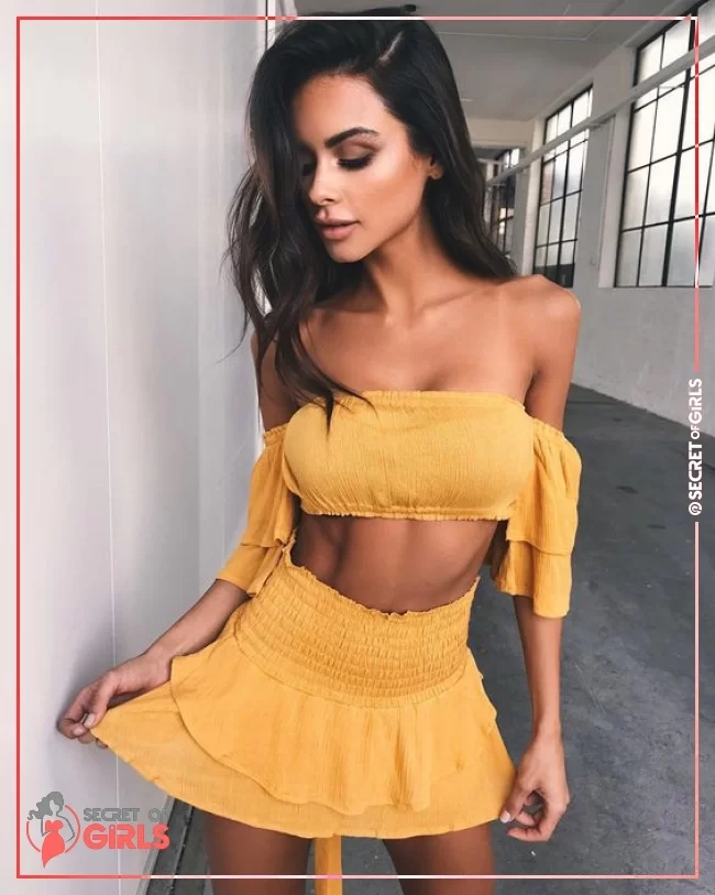 Mustard Rib Knit Off Shoulder Crop Top with Matching A Stretchable Skirt | 30 Cute Summer Outfits For Women And Teen Girls