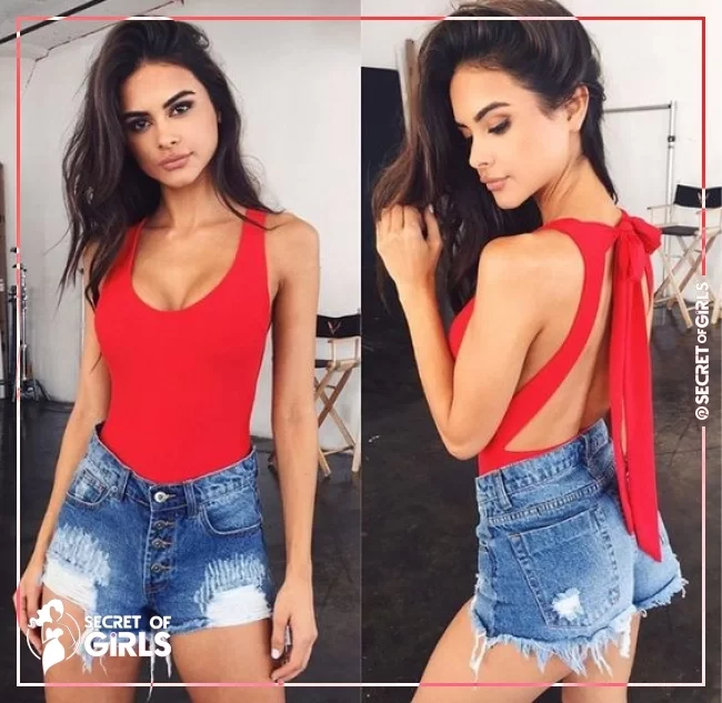 Sexy Red Backless Top with Denim Distressed Shorts | 30 Cute Summer Outfits For Women And Teen Girls