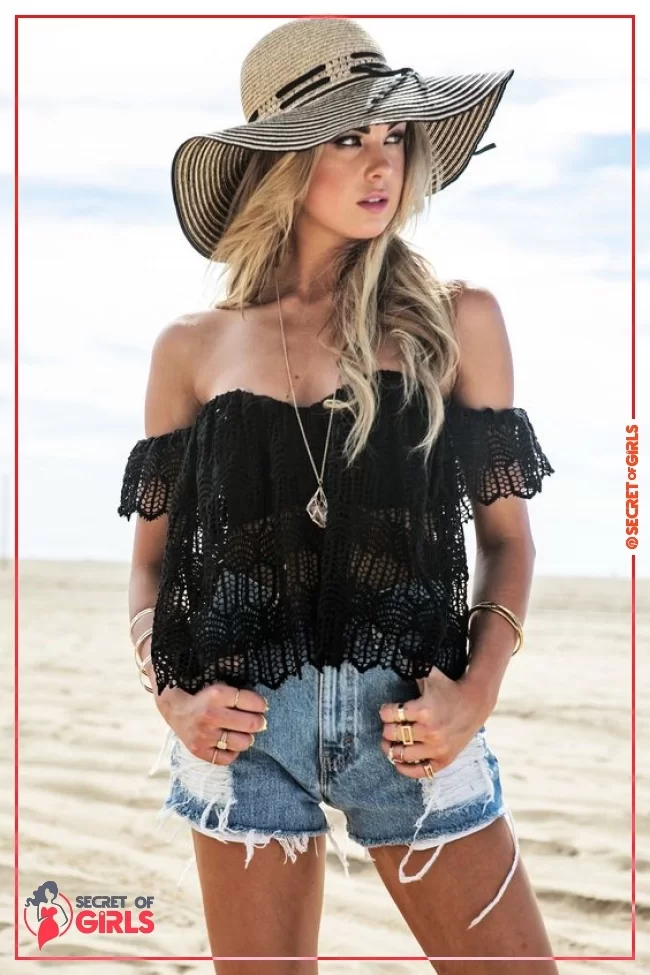 Black Lace & Crochet Bardot Crop Top with Distressed Shorts | 30 Cute Summer Outfits For Women And Teen Girls