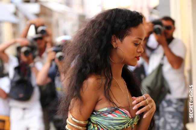 Headband braid and relaxed lengths, Rihanna shines in St Tropez, in 2012 | Rihanna's All Hairstyles So Far - Discover Rihanna's Hair Evolution