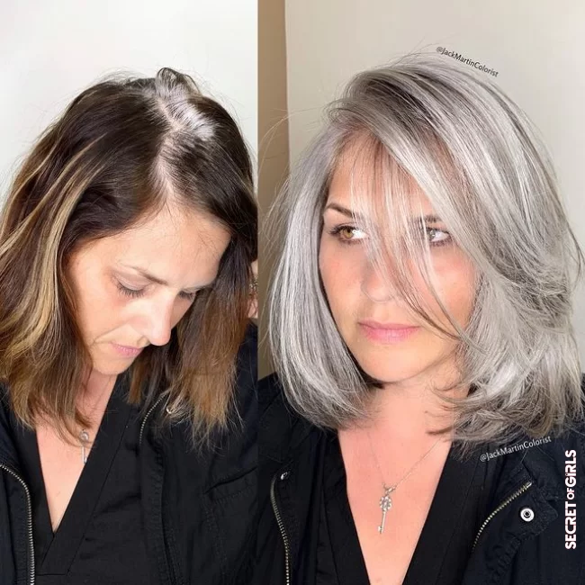 Silver balayage on gradient square | 10 Stunning Hair Transitions That Celebrate Gray Hair!