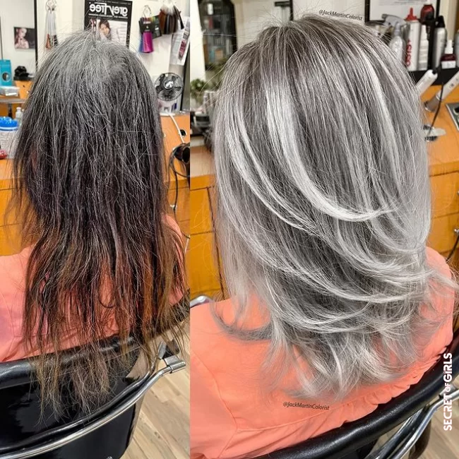 Cut of refined lengths and sweeping with silver highlights | 10 Stunning Hair Transitions That Celebrate Gray Hair!