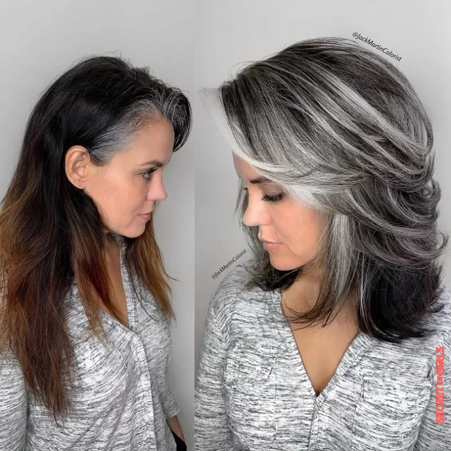 Dark gray and face framed by silver locks | 10 Stunning Hair Transitions That Celebrate Gray Hair!