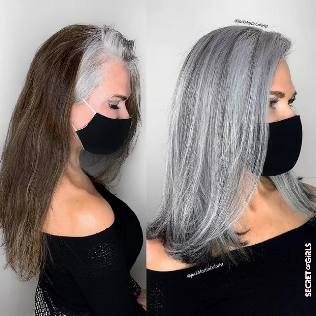 Standardization of the gray present in the roots and light sweeping | 10 Stunning Hair Transitions That Celebrate Gray Hair!