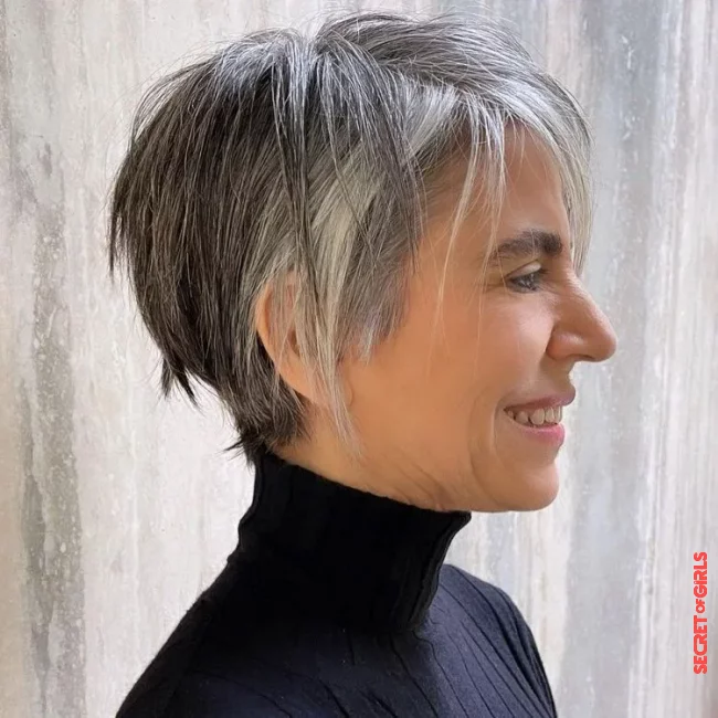 An asymmetrical pixie for gray hair over 50 | Pixie Cut for Women Over 50 and 60
