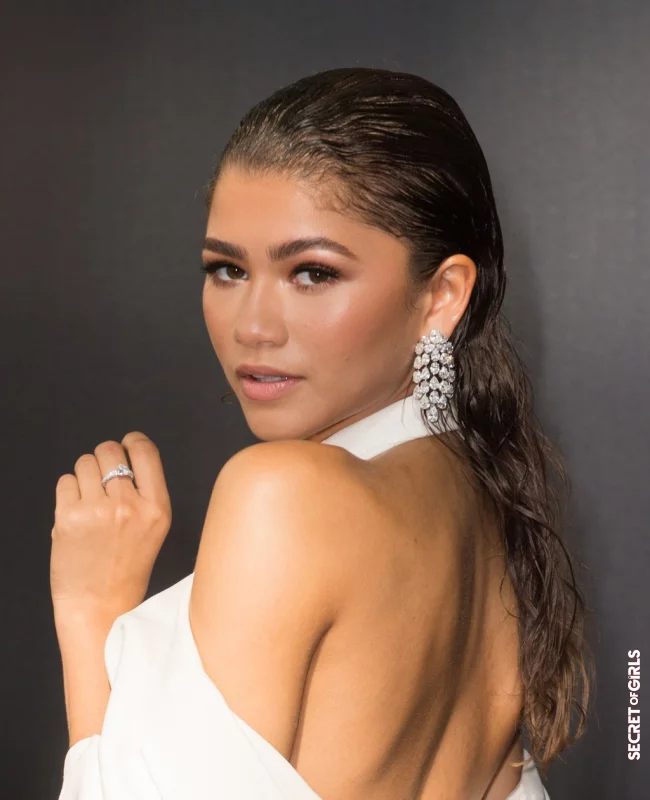 Actress Zendaya wears her long hair in an ultra slick look at the Ralph & Russo Haute Couture Show in Paris. | Hairstyle Trend: Fascinating Slick Look and Wet Hair Look
