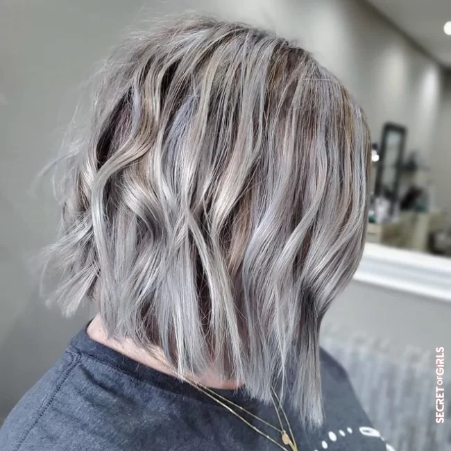 Here's another way to play with brown highlights: a bob with lots of silver highlights | Most Beautiful Shades Of Coloring For Gray Hair