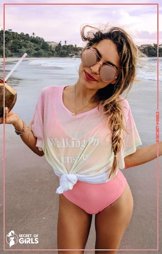 #24 Pink One Piece Swimsuit   White Tee. Pic&nbsp; | 43 Lovely Summer Outfits for Every Occasion