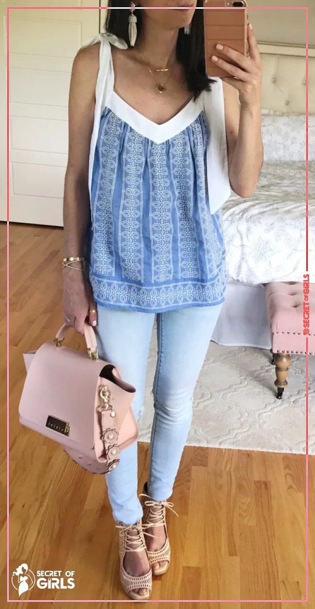 #6 Blue Printed Tank   Bleached Skinny Jeans   Blush Tote Bag. Pic&nbsp; | 43 Lovely Summer Outfits for Every Occasion