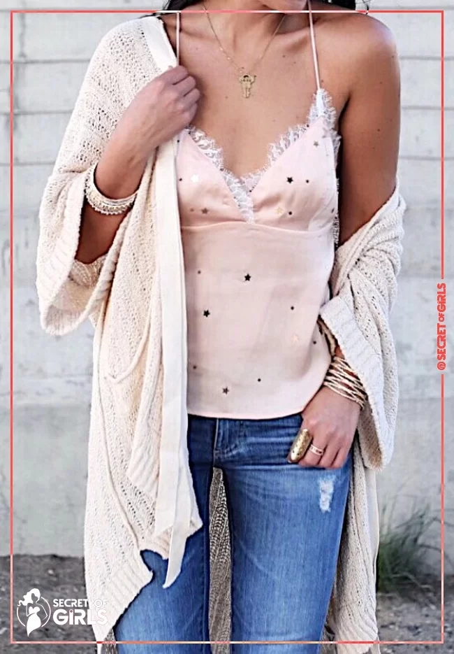#2 Baby Pink Cami   Ripped Skinny Jeans   Beige Cardigan. Pic&nbsp; | 43 Lovely Summer Outfits for Every Occasion