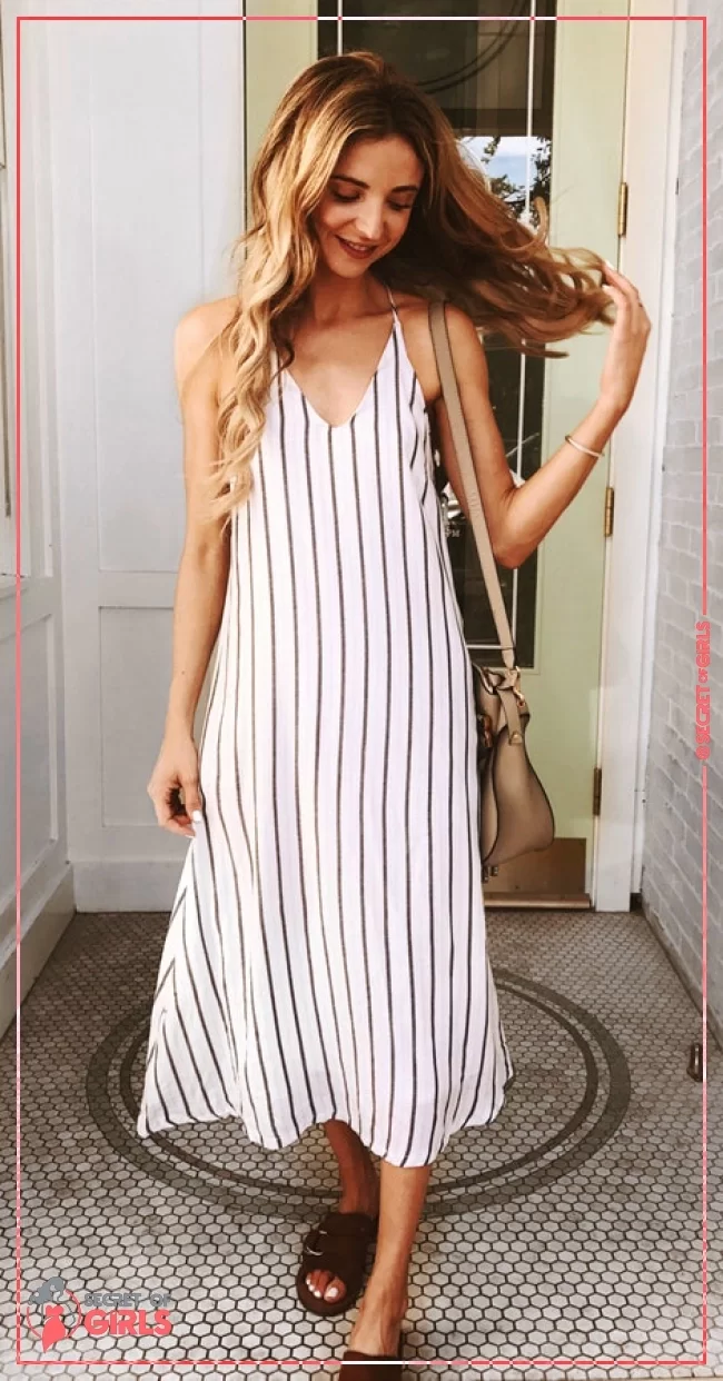 #41 White Striped Dress   Brown Sandals. Pic&nbsp; | 43 Lovely Summer Outfits for Every Occasion