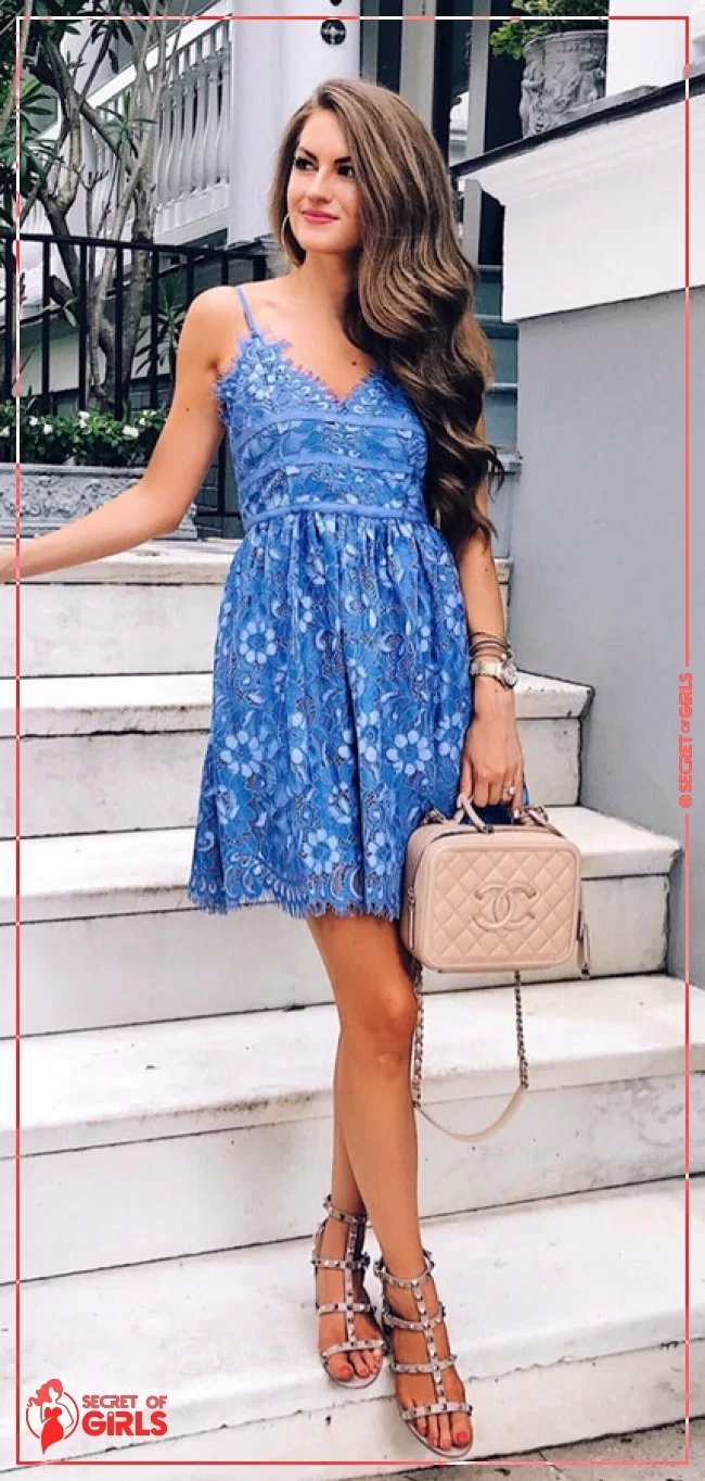 #5 Blue Printed Dress   Grey Studded Sandals. Pic&nbsp; | 43 Lovely Summer Outfits for Every Occasion
