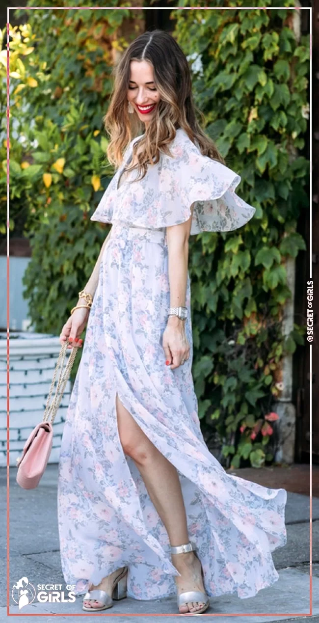 #13 Florals But Also Maxi, Front Slit, And Draped Shoulders. Pic&nbsp; | 43 Lovely Summer Outfits for Every Occasion