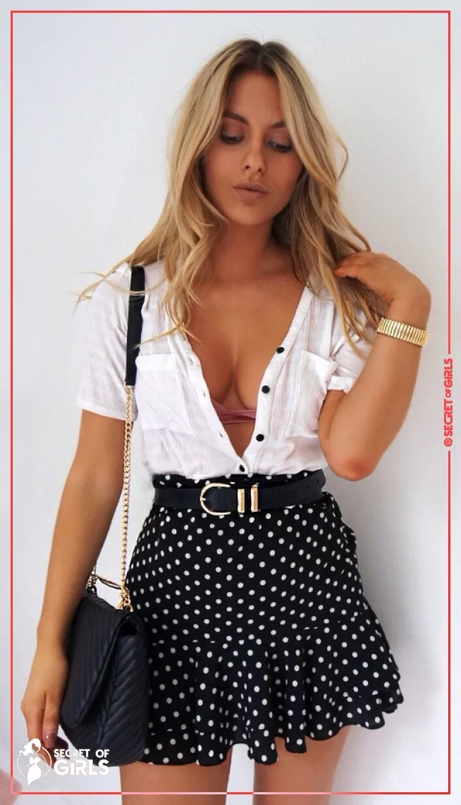 #40 White Shirt   Black Dotted Skirt   Black Leather Shoulder Bag. Pic&nbsp; | 43 Lovely Summer Outfits for Every Occasion